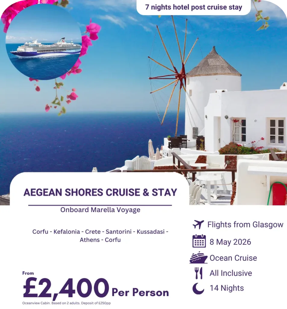 White windmill on a cliffside with blue sea, representing the Greek islands visited by Marella Voyage.