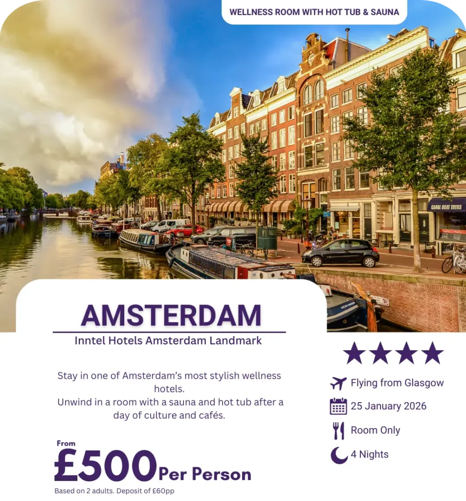 Amsterdam canal with traditional Dutch buildings and boats near wellness hotel.
