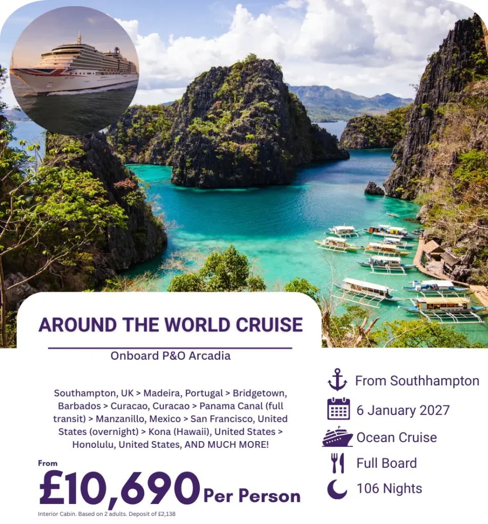 Cruise ship near tropical islands, promoting a world cruise onboard P&O Arcadia.