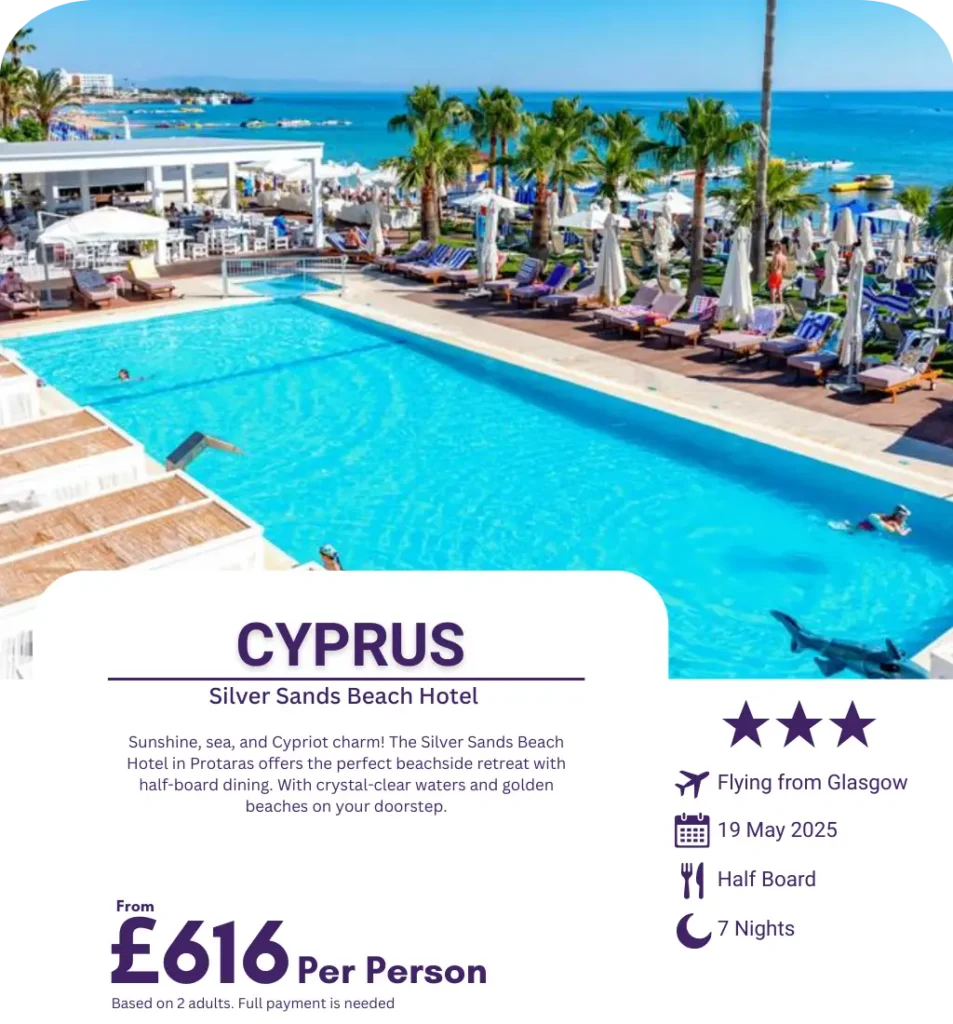 Poolside and beach view at Silver Sands Beach Hotel in Cyprus.