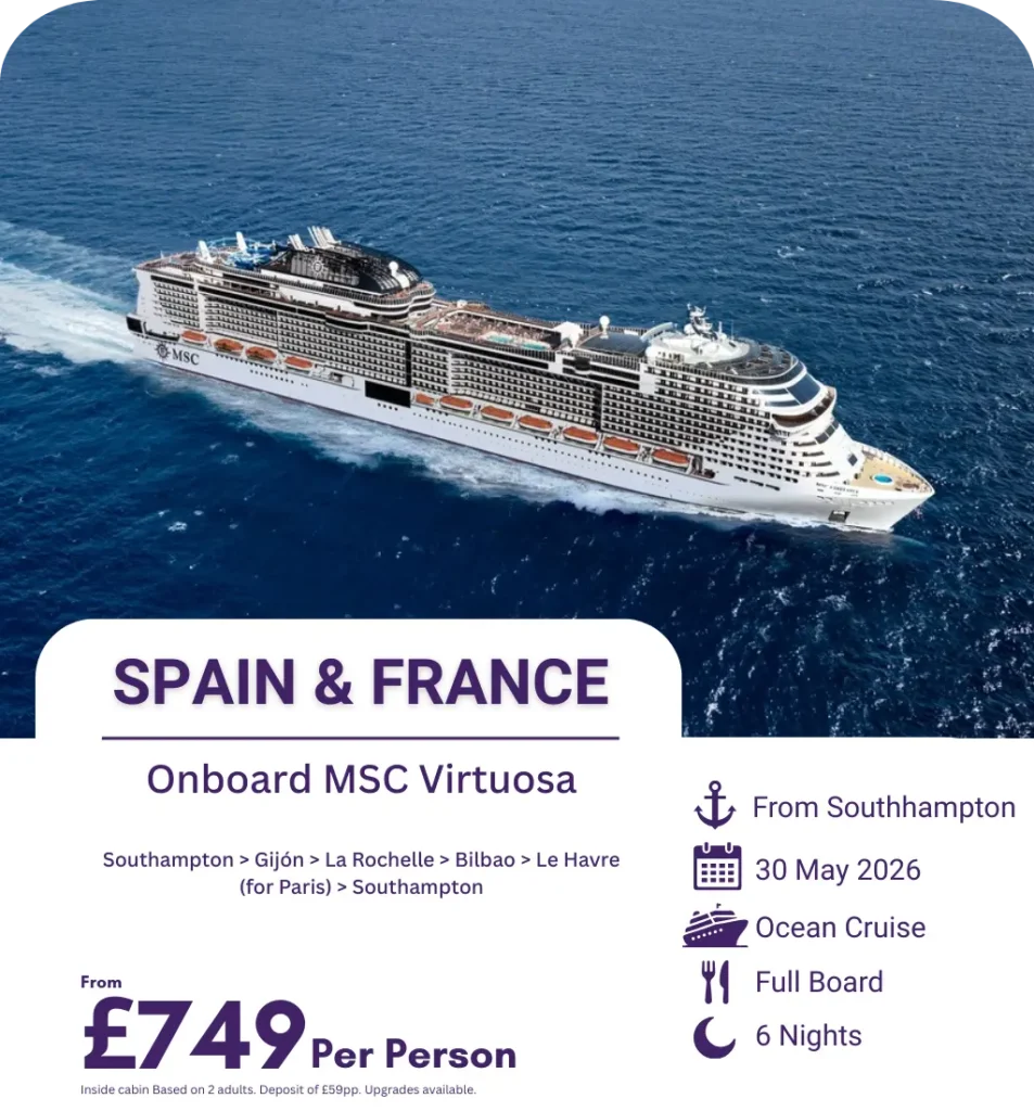 MSC Virtuosa cruise ship sailing in deep blue ocean