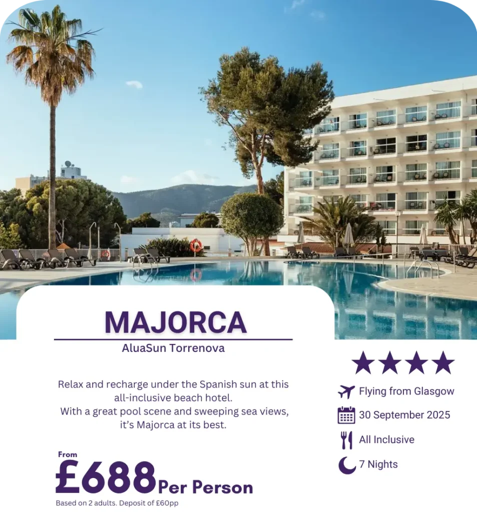 Pool area and hotel view at AluaSun Torrenova in Majorca with blue skies and palm trees.