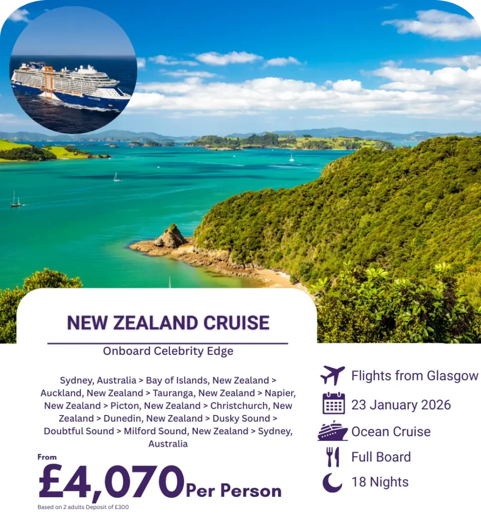 Celebrity Edge sailing near lush New Zealand fjord coastline