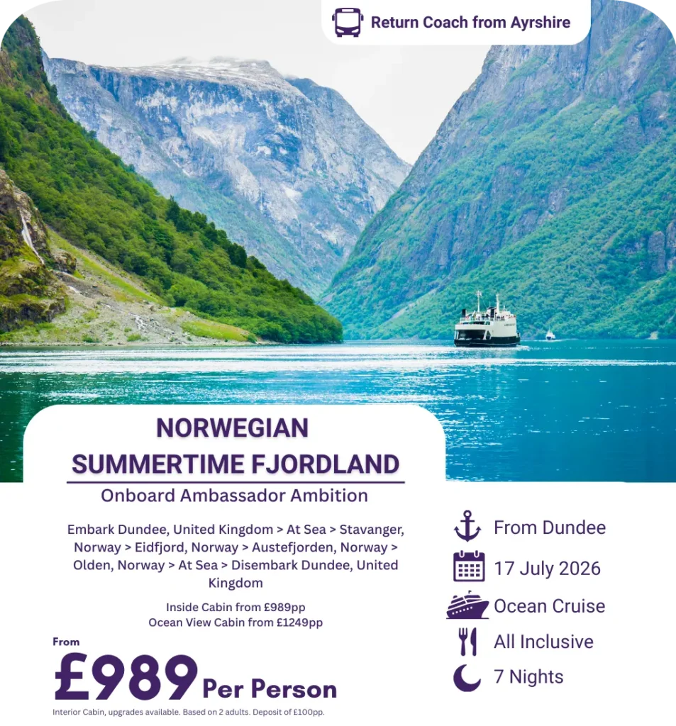 Cruise ship sailing through Norwegian fjords with lush green mountains