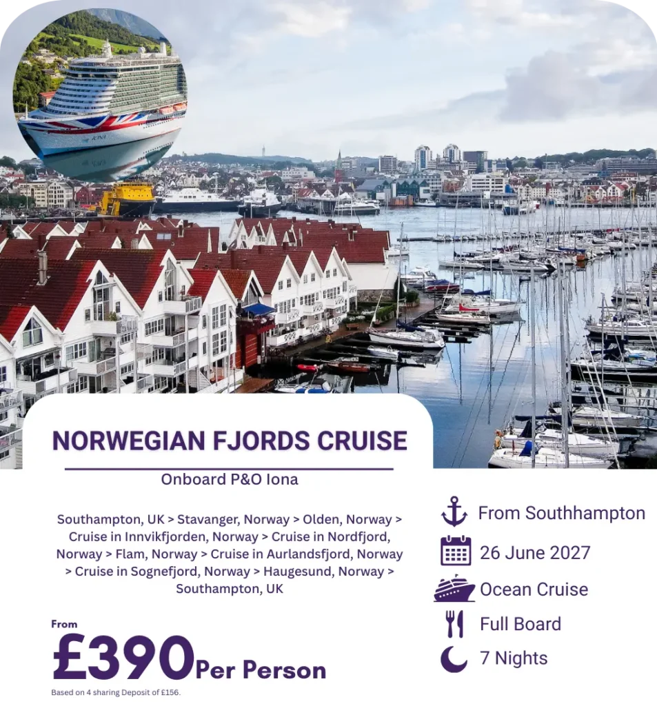 P&O Iona docked in a Norwegian fjord with marina and colourful houses