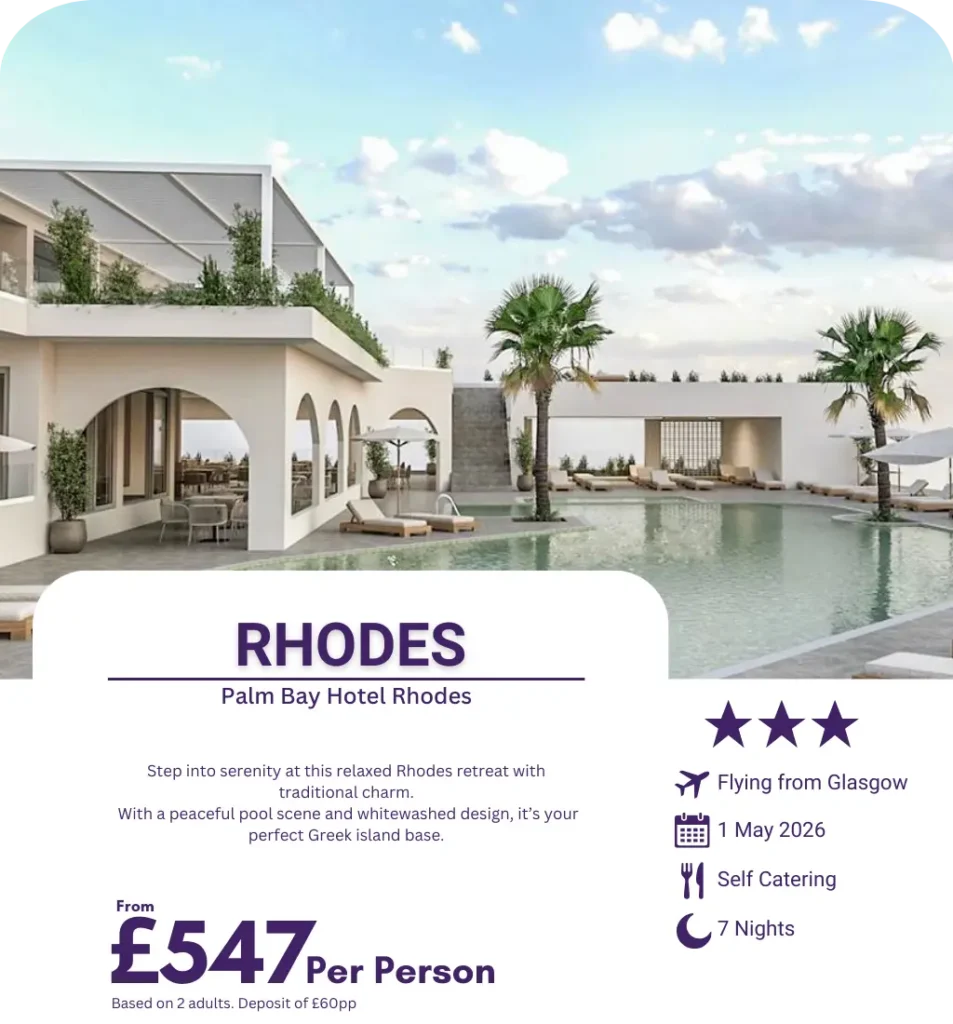 Calm poolside setting at Palm Bay Hotel in Rhodes with whitewashed architecture.