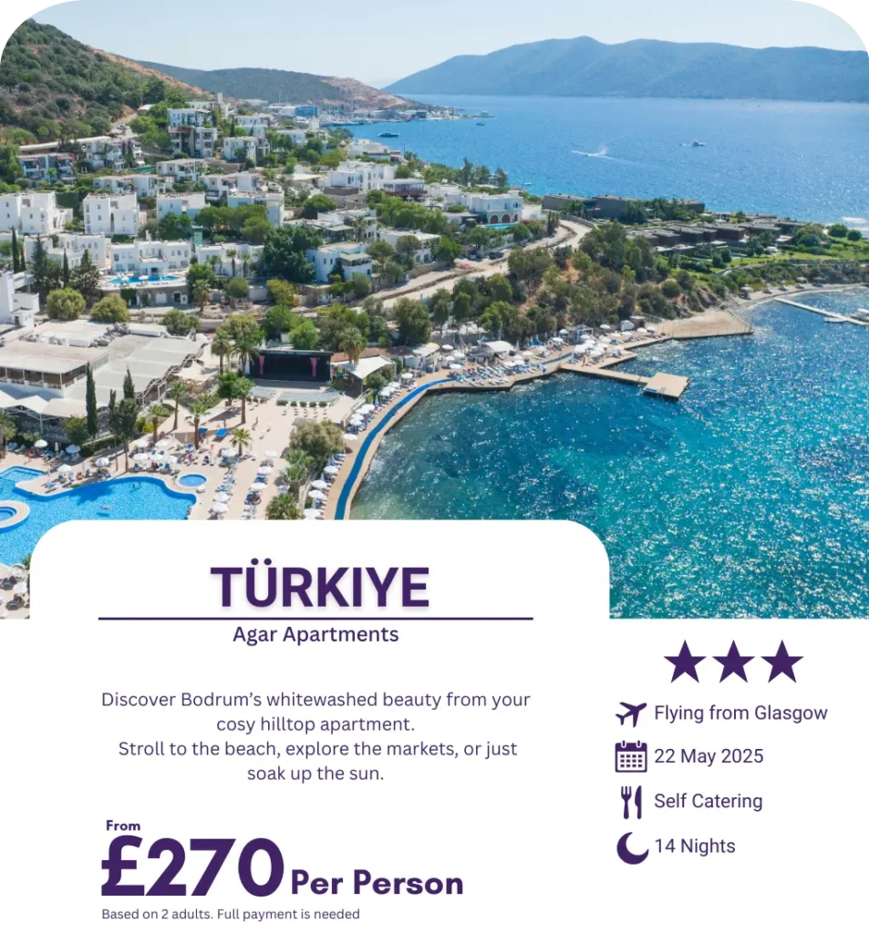 Seaside view of Bodrum with whitewashed apartments and blue sea at Agar Apartments.