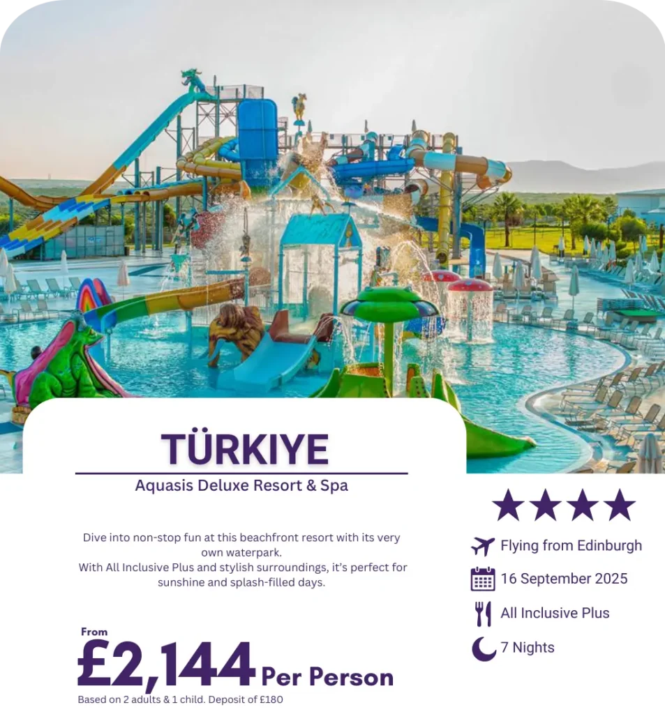 Colourful waterpark with slides and splash features at Aquasis Deluxe Resort & Spa in Türkiye.