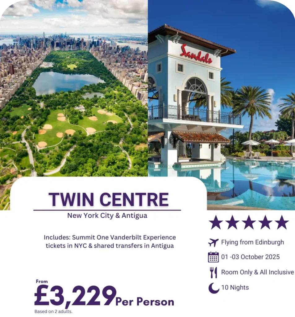 Aerial of Central Park and luxury Sandals resort in Antigua for twin-centre holiday.