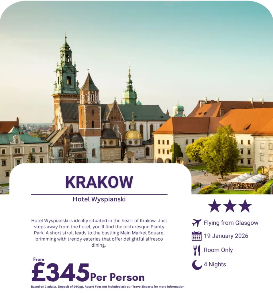 Krakow cityscape featuring Wawel Castle and historic architecture
