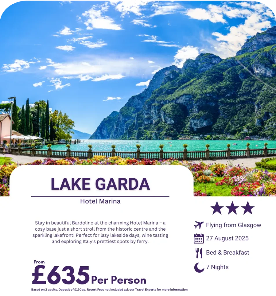 Stunning view of Lake Garda with colourful gardens and mountains