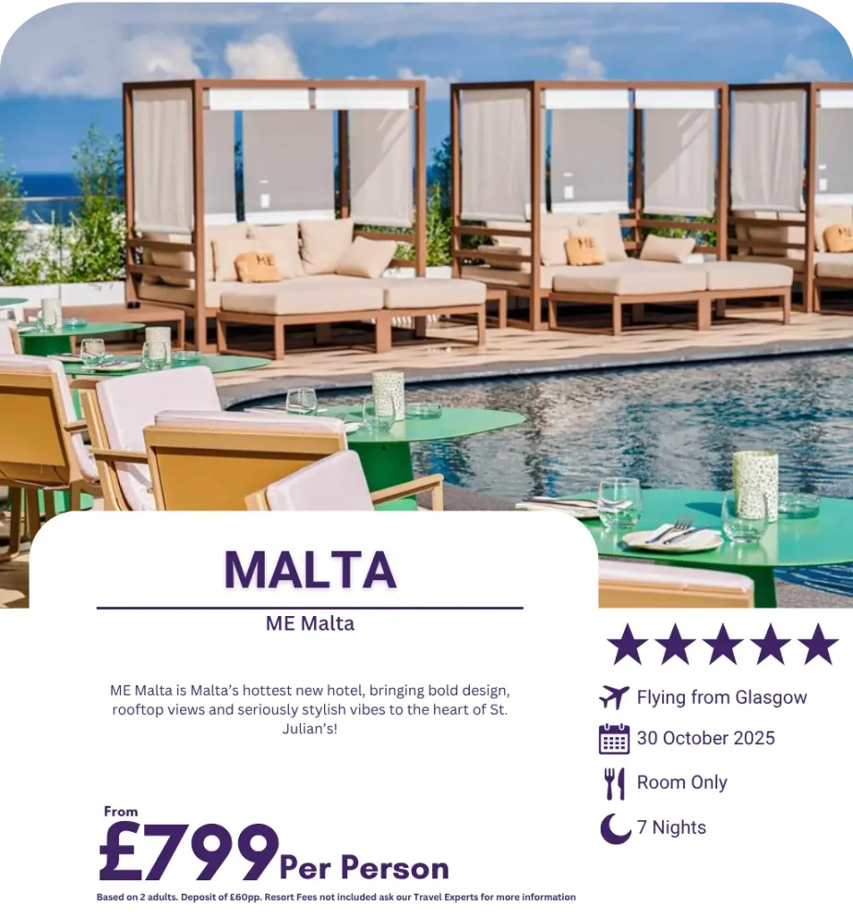 Modern rooftop hotel pool area at ME Malta in St. Julian’s.